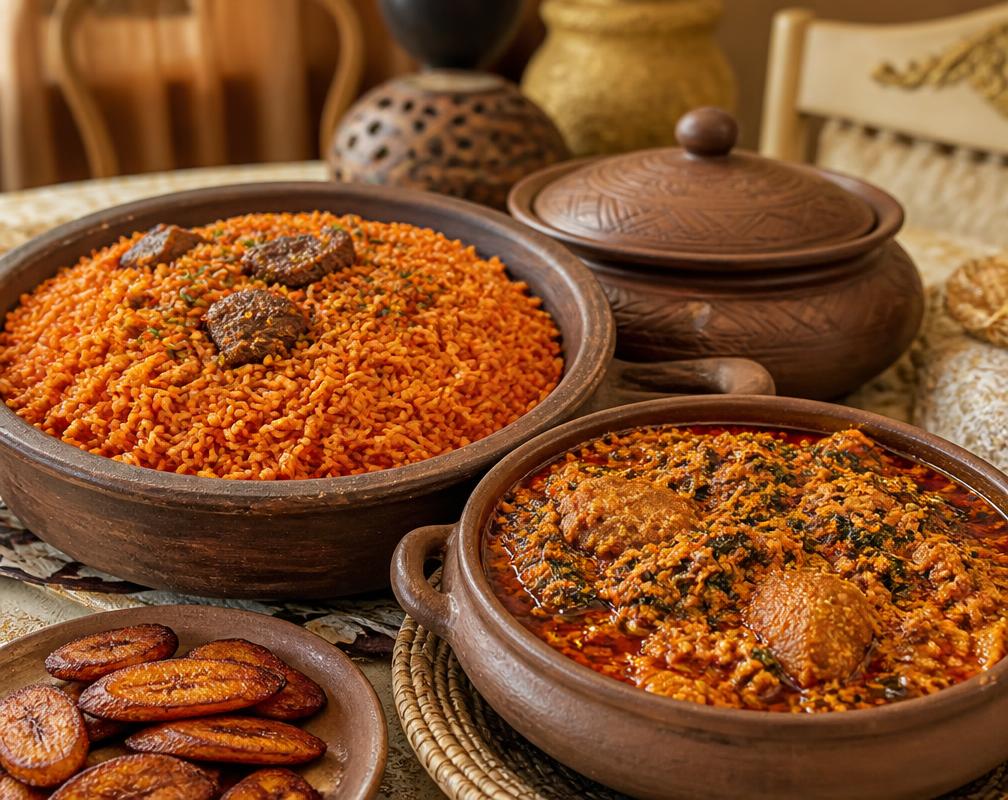 Nigerian jollof rice and egusi soup cooked with rich red palm oil